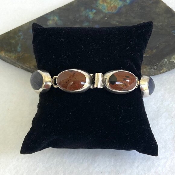 VTG Sterling Silver 925 Taxco Mexico Chunky Multi Gemstone Oval Link Bracelet - Picture 4 of 16